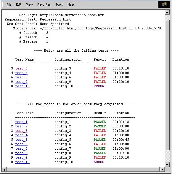 Regression Report Web Page